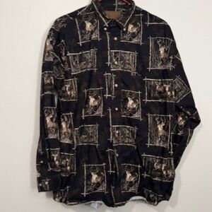 USED Men's North River Long Sleeve Button Down Shirt Color Black/Green Size M